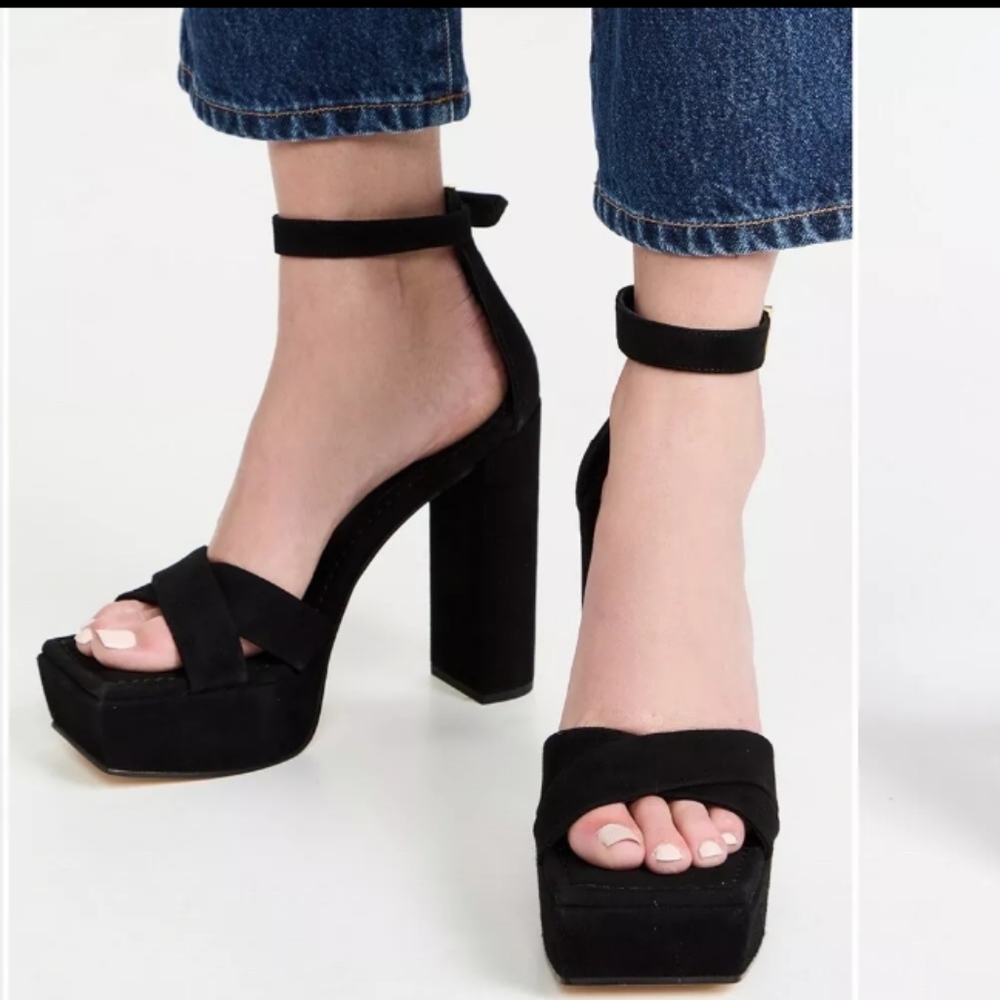 Good American Black Suede Platform Block Heel Sandals